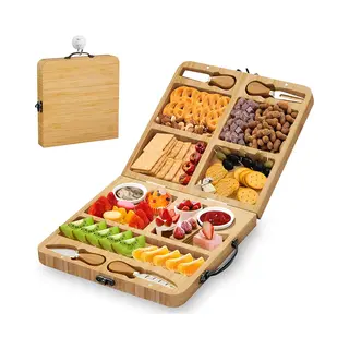 Kicinn Borrelplank - Tapasplank - Kaasplank - Serveerplank - Borrelplank Hout - Incl. Kaasmesjes En Schaaltjes - Inklapbaar - Bamboe