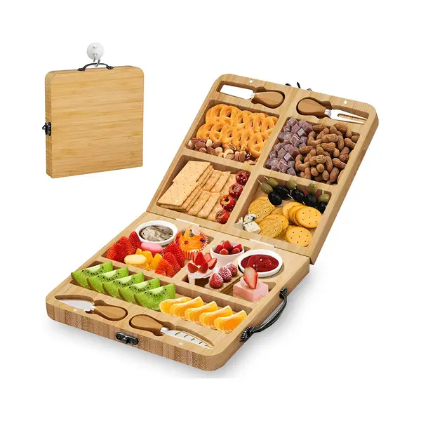 Kicinn Servings Tray - Foldable Snack Board For Tapas, Cheese & Fruit, Cheese Board With Cheese Knives, Forks, Bowls And Serving Boards, Bamboo, 58 Cm thumbnail