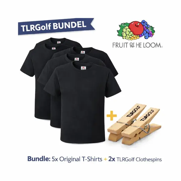 5 Pack Fruit Of The Loom Original Heren T-Shirt 100% Katoen Ronde Hals - Maat Xxl (Zwart) Inclusief 2 TLRGolf Wasknijpers thumbnail