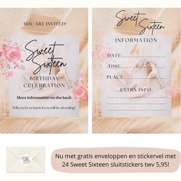 Uitnodigingen - Sweet 16 - Sweet Sixteen - Verjaardag - Inclusief Enveloppen - Uitnodigingskaarten - Eigen Design En Print - Wenskaart - 16 Stuks - A6 thumbnail