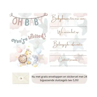 Babyshower - Uitnodigingen - Inclusief Enveloppen - Eigen Design En Print - Diertjes - Wenskaart - 16 Stuks