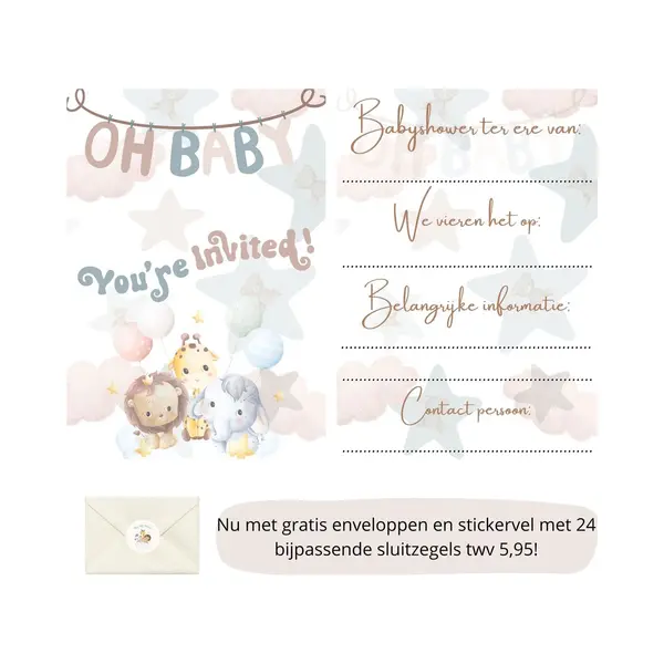 Babyshower - Uitnodigingen - Inclusief Enveloppen - Eigen Design En Print - Diertjes - Wenskaart - 16 Stuks thumbnail