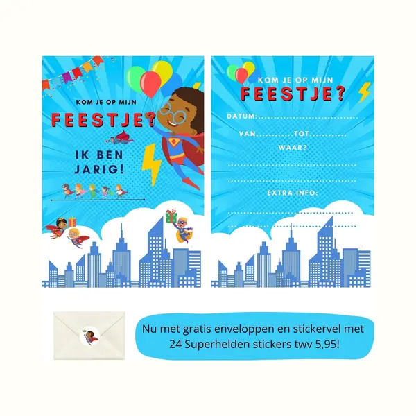 Uitnodiging Kinderfeestje - Kinderfeest - Uitnodigingen - Verjaardag - Inclusief Enveloppen - Eigen Design En Print - Wenskaart - Superhero - 16 Stuks thumbnail