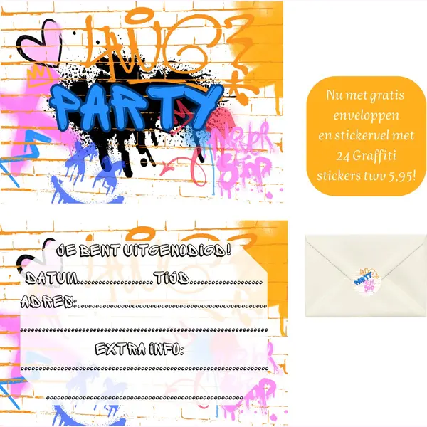 Uitnodiging Kinderfeestje - Kinderfeest - Uitnodigingen - Verjaardag - Inclusief Enveloppen - Eigen Design En Print - Graffiti - Wenskaart - 16 Stuks thumbnail