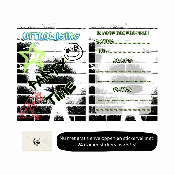Uitnodiging Kinderfeestje - Kinderfeest - Uitnodigingen - Verjaardag - Inclusief Enveloppen - Eigen Design En Print - Graffiti - Wenskaart - 16 Stuks thumbnail