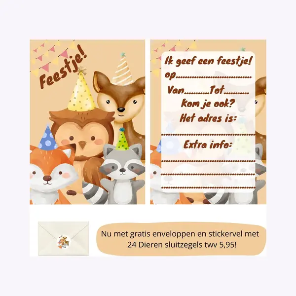 Uitnodiging Kinderfeestje - Kinderfeest - Uitnodigingen - Verjaardag - Inclusief Enveloppen - Eigen Design En Print - Dieren- Wenskaart - 16 Stuks - thumbnail