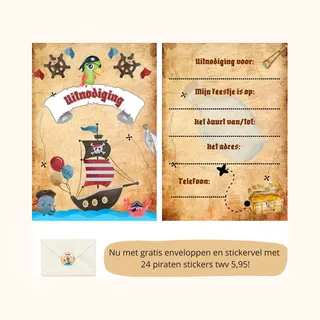 Uitnodiging Kinderfeestje - Kinderfeest - Uitnodigingen - Verjaardag - Inclusief Enveloppen - Eigen Design En Print - Pirate - Wenskaart - - 16 Stuks