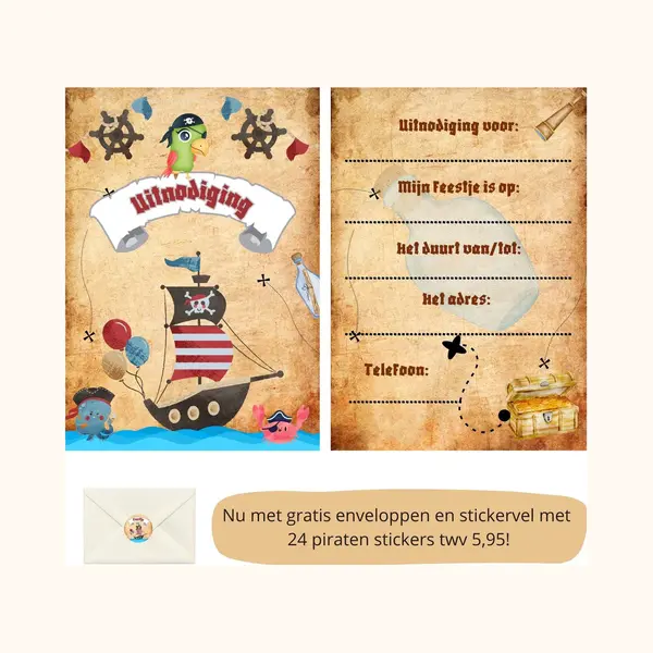 Uitnodiging Kinderfeestje - Kinderfeest - Uitnodigingen - Verjaardag - Inclusief Enveloppen - Eigen Design En Print - Pirate - Wenskaart - - 16 Stuks thumbnail