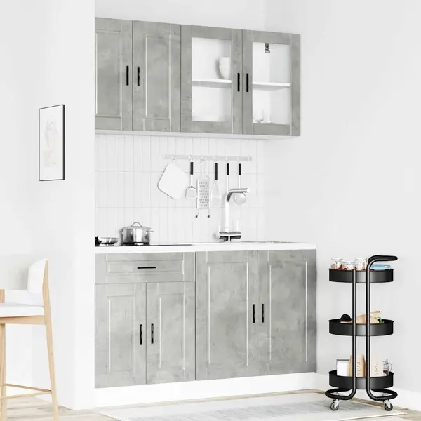 VidaXL Kalmar 4 Piece Kitchen Cabinet Set - Concrete Grey Engineered Wood Cabinets & Glass Doors For Stylish Kitchen Storage Solution thumbnail