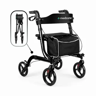 Medzone Rollator Lichtgewicht En Opvouwbaar - Binnen En Buiten - Zitfunctie - Rugleuning En Wandelstok Houder - Zwart
