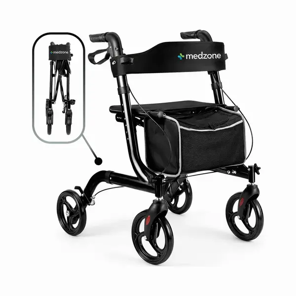 Medzone Rollator Lichtgewicht En Opvouwbaar - Binnen En Buiten - Zitfunctie - Rugleuning En Wandelstok Houder - Zwart thumbnail