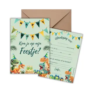 Momentuals Uitnodiging Kinderfeestje 10 Kaarten + Enveloppen - Dino – Jongen & Meisje – Uitnodigingskaarten - Beschrijfbaar – Verjaardag Kind
