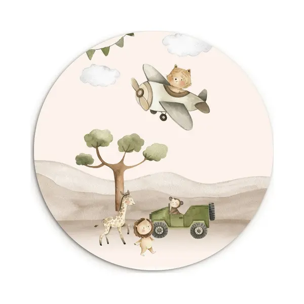 WallCircle® Wandcirkel 60x60 Cm - Muurcirkel Wilde Dieren - Pastel Kleuren - Watercolor - Vliegtuig - Safari Kinderkamer - Kinderen - Muurdecoratie thumbnail