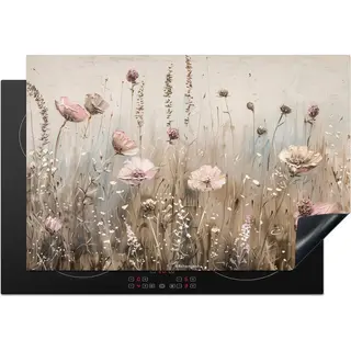 KitchenYeah® Inductie Beschermer 76x51, 5 Cm - Bloemen - Beige - Droogbloemen - Afdekplaat Voor Kookplaat - Bescherming Inductieplaat Mat -