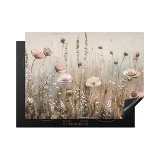 KitchenYeah® Inductie Beschermer 71x52 Cm - Bloemen - Beige - Droogbloemen - Afdekplaat Voor Kookplaat - Bescherming Inductieplaat Mat -
