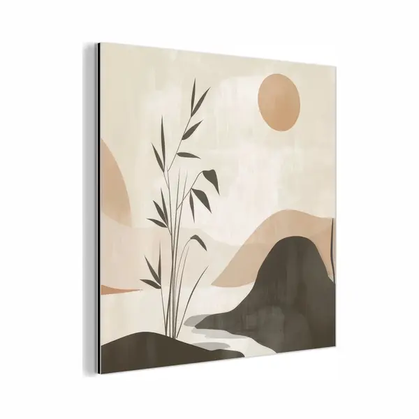 MuchoWow Aluminium Schilderij 90x90 Cm - Wanddecoratie Metaal - Japandi - Landschap - Beige - Metalen Muurdecoratie Woonkamer - Decoratie Industrieel - Foto Op thumbnail