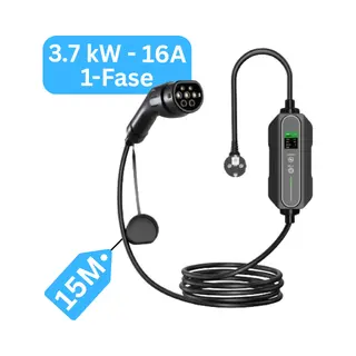 Grodt Mobiele Thuislader Type 2 Vanaf Stopcontact - 15 Meter - 3, 7 Kw - IP67 Waterdicht - 6A/8A/10A/13A/16A - 1 Fase - Tpu Kabel - Uitgesteld Laden Functie