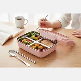 Dutchers® Lunchbox Roestvrij Staal – Incl. Bestekset - Bpa-vrij – Met Deksel, Bestekvak & Telefoonhouder - Bento Box – Blauwe Rvs Broodtrommel