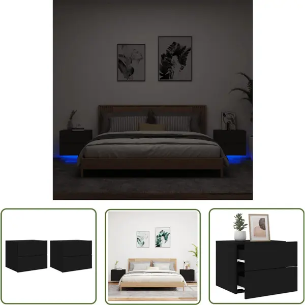 Vidaxl The Living Store - Wand-nachttische Mit Led-leuchten 2 Stk. Schwarz - Wandlampe - Nachttisch Mit Beleuchtung - Holzwerkstoff Möbel - Wohnzimmer Deko thumbnail