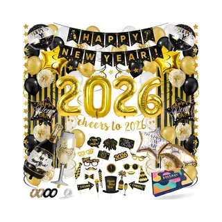 Fissaly Happy New Year 2026 Versiering Pakket - Oudjaar & Nieuwjaar Pakket – Oud En Nieuw Feest Decoratie Feestpakket - Ballonnen – Goud, Wit &