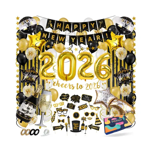 Fissaly Happy New Year 2026 Versiering Pakket - Oudjaar & Nieuwjaar Pakket – Oud En Nieuw Feest Decoratie Feestpakket - Ballonnen – Goud, Wit & thumbnail