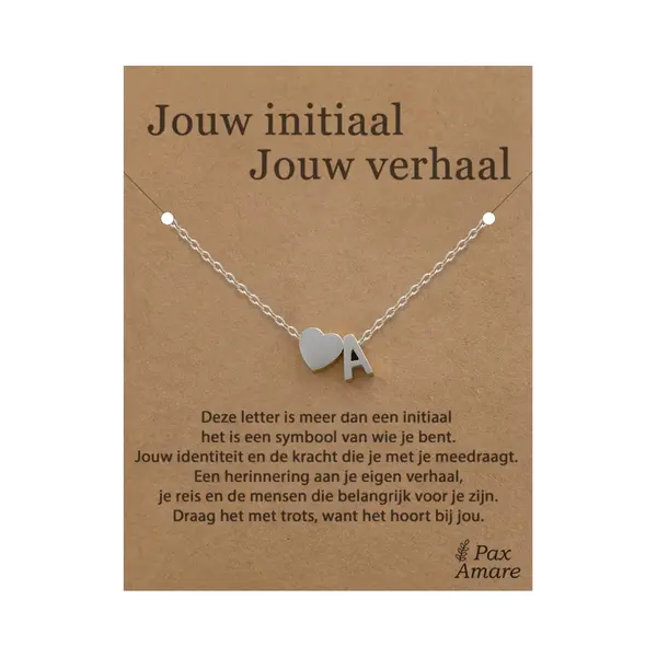 Letter A Ketting Op Cadeau Kaartje - Jouw Initiaal, Jouw Verhaal - 45cm Zilverkleurig Stainless Steel - Initiaal & Hartje Hanger - Pax Amare thumbnail