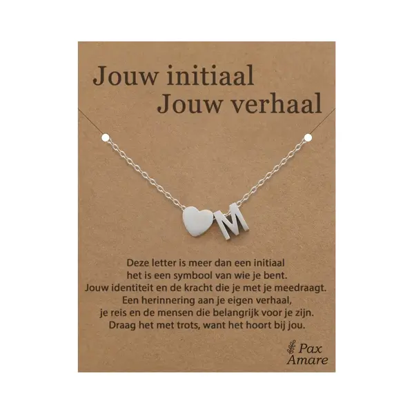 Letter M Ketting Op Cadeau Kaartje - Jouw Initiaal, Jouw Verhaal - 45cm Zilverkleurig Stainless Steel - Initiaal & Hartje Hanger - Pax Amare thumbnail