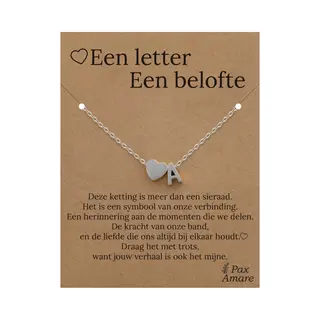 Letter A Ketting Op Cadeau Kaartje - Een Letter, Een Belofte - 45cm Zilverkleurig Stainless Steel - Initiaal & Hartje Hanger - Pax Amare