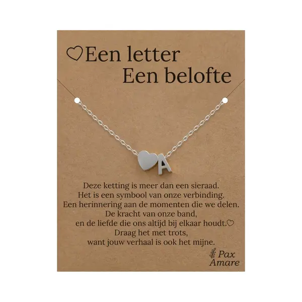 Letter A Ketting Op Cadeau Kaartje - Een Letter, Een Belofte - 45cm Zilverkleurig Stainless Steel - Initiaal & Hartje Hanger - Pax Amare thumbnail