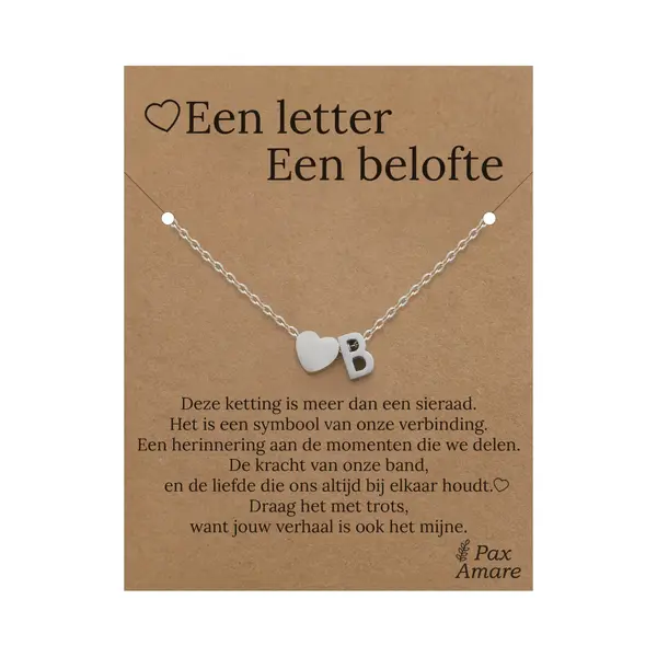 Letter B Ketting Op Cadeau Kaartje - Een Letter, Een Belofte - 45cm Zilverkleurig Stainless Steel - Initiaal & Hartje Hanger - Pax Amare thumbnail