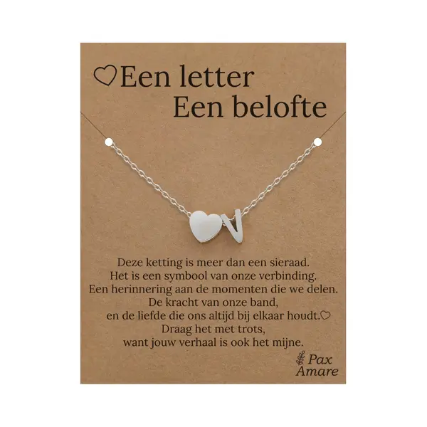 Letter V Ketting Op Cadeau Kaartje - Een Letter, Een Belofte - 45cm Zilverkleurig Stainless Steel - Initiaal & Hartje Hanger - Pax Amare thumbnail