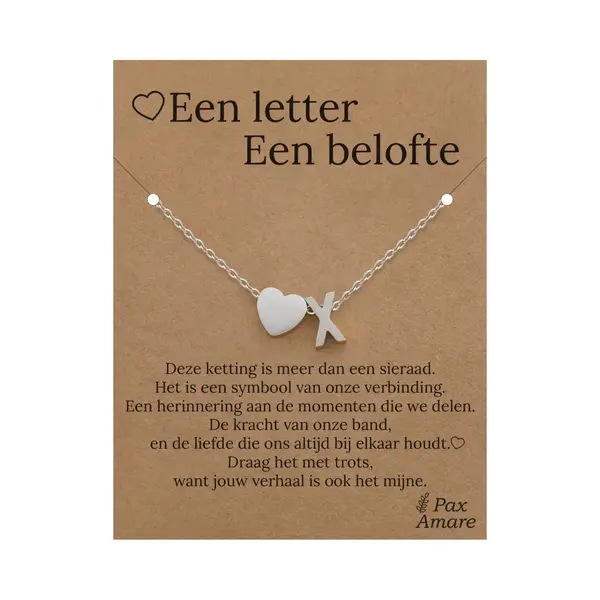 Letter X Ketting Op Cadeau Kaartje - Een Letter, Een Belofte - 45cm Zilverkleurig Stainless Steel - Initiaal & Hartje Hanger - Pax Amare thumbnail