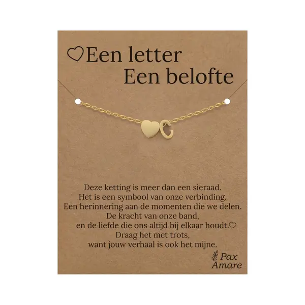 Pax Amare Letter C Armband Op Cadeau Kaartje - Een Letter, Een Belofte - 15, 5cm + 5, 5cm Verstelbaar Goudkleurig Stainless Steel - Initiaal & Hartje Hanger - thumbnail