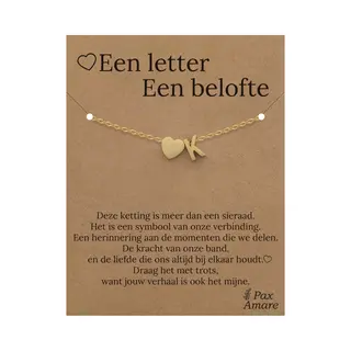 Pax Amare Letter K Armband Op Cadeau Kaartje - Een Letter, Een Belofte - 15, 5cm + 5, 5cm Verstelbaar Goudkleurig Stainless Steel - Initiaal & Hartje Hanger -