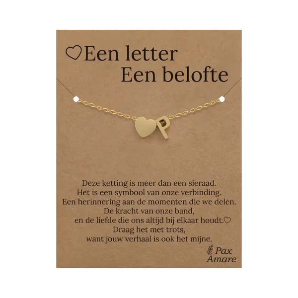 Pax Amare Letter P Armband Op Cadeau Kaartje - Een Letter, Een Belofte - 15, 5cm + 5, 5cm Verstelbaar Goudkleurig Stainless Steel - Initiaal & Hartje Hanger - thumbnail