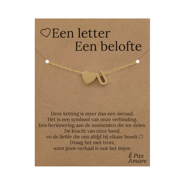 Pax Amare Letter U Armband Op Cadeau Kaartje - Een Letter, Een Belofte - 15, 5cm + 5, 5cm Verstelbaar Goudkleurig Stainless Steel - Initiaal & Hartje Hanger - thumbnail