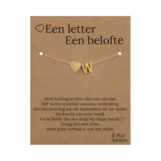 Pax Amare Letter W Armband Op Cadeau Kaartje - Een Letter, Een Belofte - 15, 5cm + 5, 5cm Verstelbaar Goudkleurig Stainless Steel - Initiaal & Hartje Hanger -