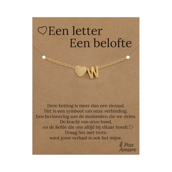 Pax Amare Letter W Armband Op Cadeau Kaartje - Een Letter, Een Belofte - 15, 5cm + 5, 5cm Verstelbaar Goudkleurig Stainless Steel - Initiaal & Hartje Hanger - thumbnail