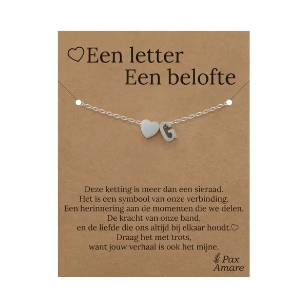 Pax Amare Letter G Armband Op Cadeau Kaartje - Een Letter, Een Belofte - 15, 5cm + 5, 5cm Verstelbaar Zilverkleurig Stainless Steel - Initiaal & Hartje Hanger - thumbnail