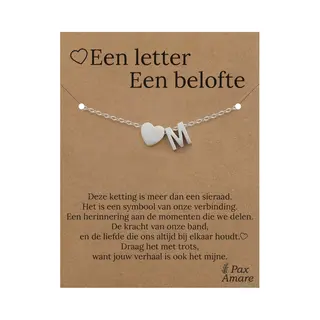 Pax Amare Letter M Armband Op Cadeau Kaartje - Een Letter, Een Belofte - 15, 5cm + 5, 5cm Verstelbaar Zilverkleurig Stainless Steel - Initiaal & Hartje Hanger -