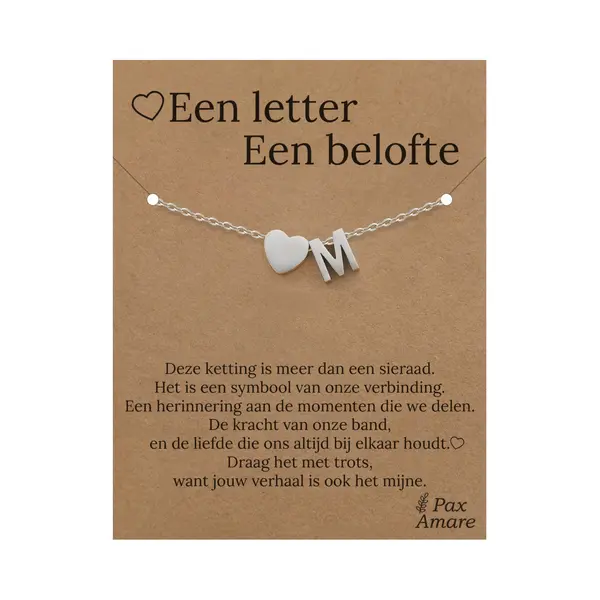 Pax Amare Letter M Armband Op Cadeau Kaartje - Een Letter, Een Belofte - 15, 5cm + 5, 5cm Verstelbaar Zilverkleurig Stainless Steel - Initiaal & Hartje Hanger - thumbnail