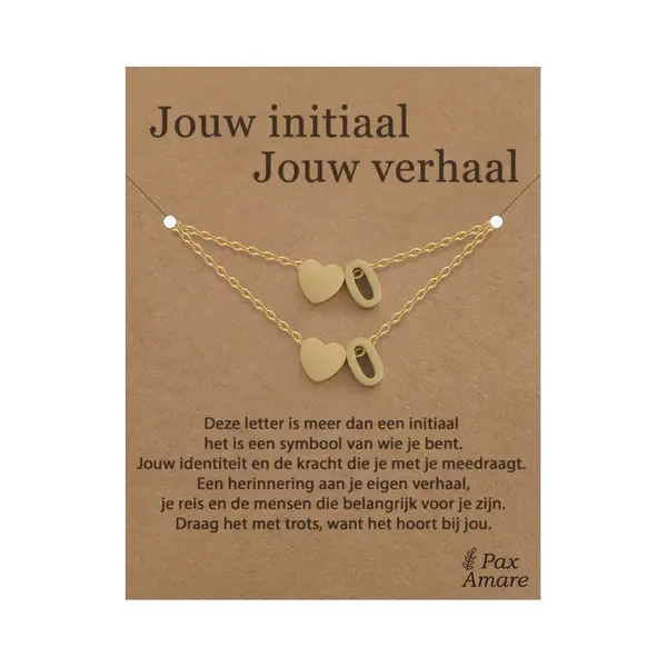 Letter O Ketting + Armband Set Op Cadeau Kaartje - Jouw Initiaal, Jouw Verhaal - Goudkleurig Stainless Steel - Initiaal & Hartje Hanger - Pax Amare thumbnail