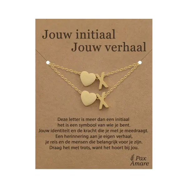 Letter X Ketting + Armband Set Op Cadeau Kaartje - Jouw Initiaal, Jouw Verhaal - Goudkleurig Stainless Steel - Initiaal & Hartje Hanger - Pax Amare thumbnail