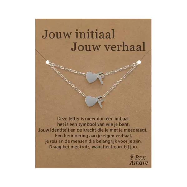 Letter F Ketting + Armband Set Op Cadeau Kaartje - Jouw Initiaal, Jouw Verhaal - Zilverkleurig Stainless Steel - Initiaal & Hartje Hanger - Pax Amare thumbnail