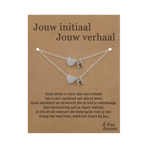 Letter H Ketting + Armband Set Op Cadeau Kaartje - Jouw Initiaal, Jouw Verhaal - Zilverkleurig Stainless Steel - Initiaal & Hartje Hanger - Pax Amare thumbnail