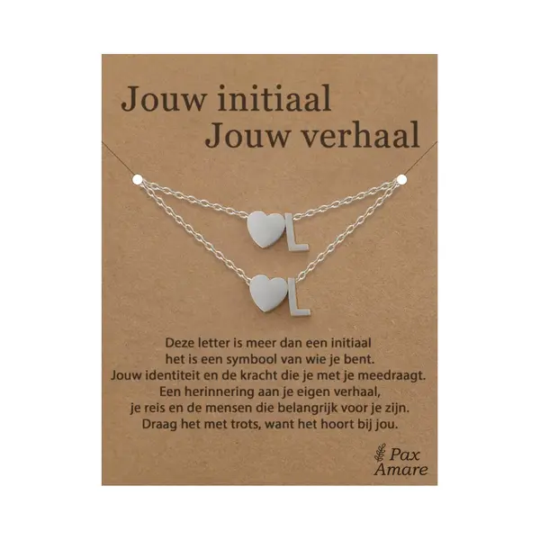 Letter L Ketting + Armband Set Op Cadeau Kaartje - Jouw Initiaal, Jouw Verhaal - Zilverkleurig Stainless Steel - Initiaal & Hartje Hanger - Pax Amare thumbnail
