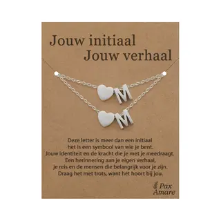 Letter M Ketting + Armband Set Op Cadeau Kaartje - Jouw Initiaal, Jouw Verhaal - Zilverkleurig Stainless Steel - Initiaal & Hartje Hanger - Pax Amare