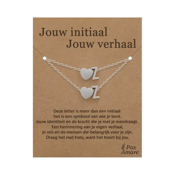 Letter Z Ketting + Armband Set Op Cadeau Kaartje - Jouw Initiaal, Jouw Verhaal - Zilverkleurig Stainless Steel - Initiaal & Hartje Hanger - Pax Amare thumbnail