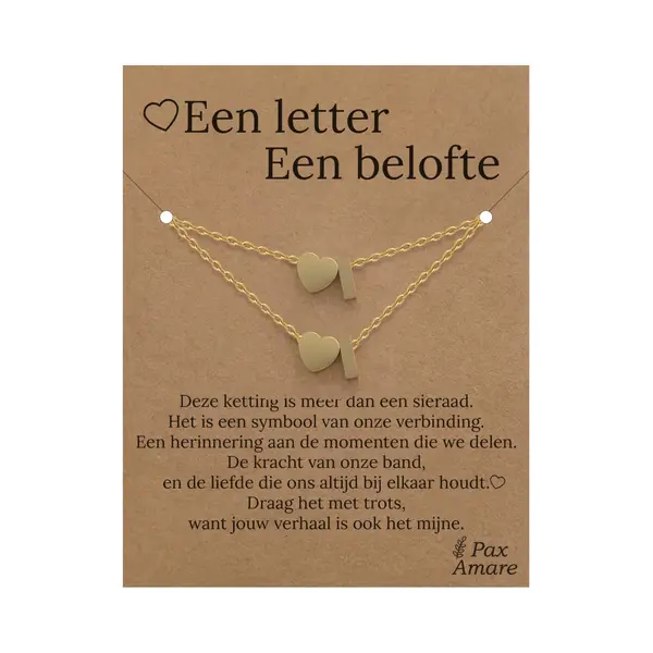 Letter I Ketting + Armband Set Op Cadeau Kaartje - Een Letter, Een Belofte - Goudkleurig Stainless Steel - Initiaal & Hartje Hanger - Pax Amare thumbnail