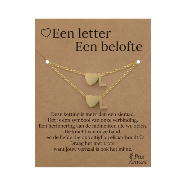 Letter L Ketting + Armband Set Op Cadeau Kaartje - Een Letter, Een Belofte - Goudkleurig Stainless Steel - Initiaal & Hartje Hanger - Pax Amare thumbnail
